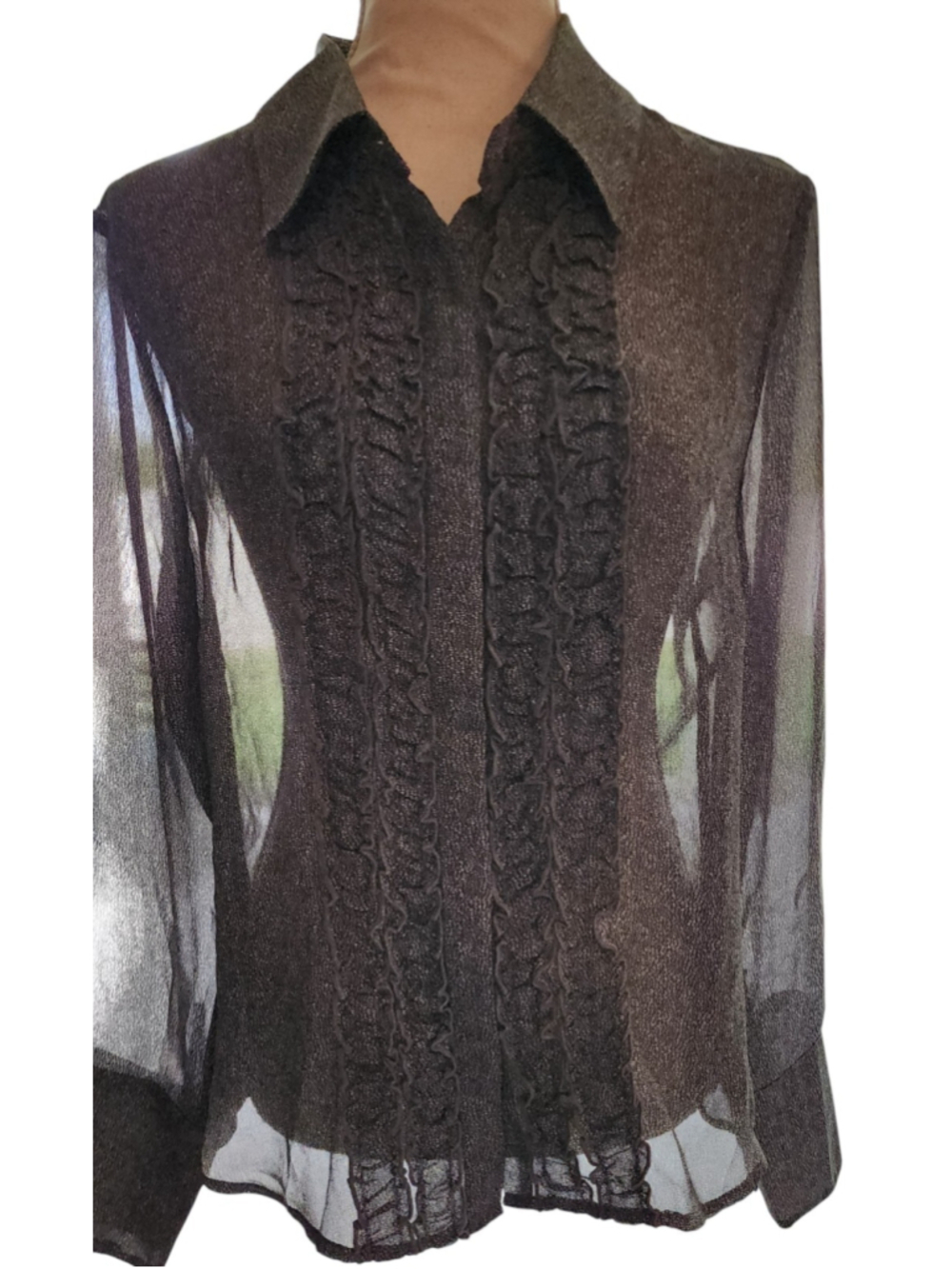 NWT Christopher & Banks Gray Sheer Ruffle Front Button Down Blouse Size L